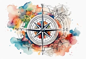 Travel themed for thigh, compass rose overlaid with a map spilled watercolor tattoo idea