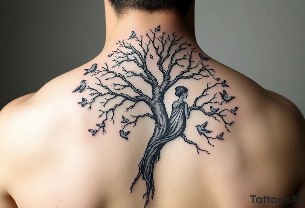 Poison tree with woman and birds tattoo idea