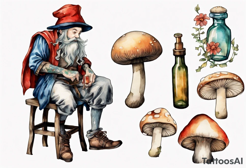 a mushroom wearing medieval clothes sitting on a stool drinking from a bottle tattoo idea
