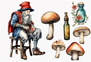 a mushroom wearing medieval clothes sitting on a stool drinking from a bottle tattoo idea