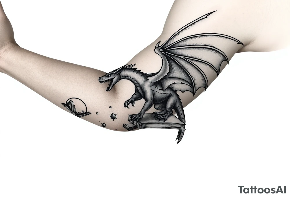 arm sleeve, fantasy, incorporates existing small tattoo of a dragon flying out of a book located just above the back of the elbow, Dungeons and Dragons, Warcraft, Lord of the Rings,Forgotten Realms tattoo idea