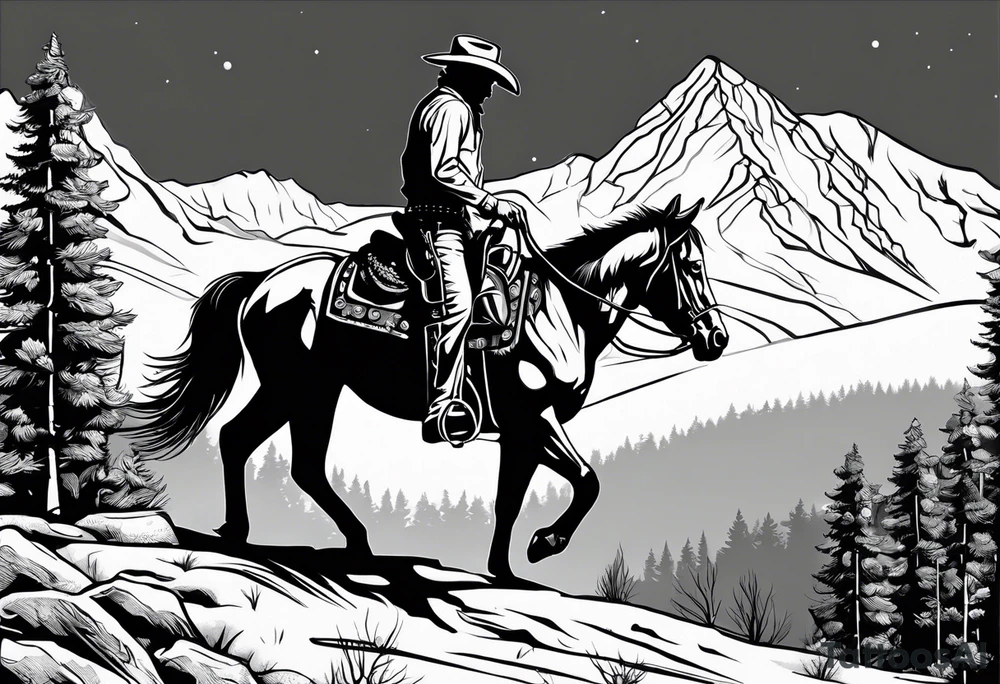 Cowboy with head down riding toward you with mountains aspen and pines tattoo idea