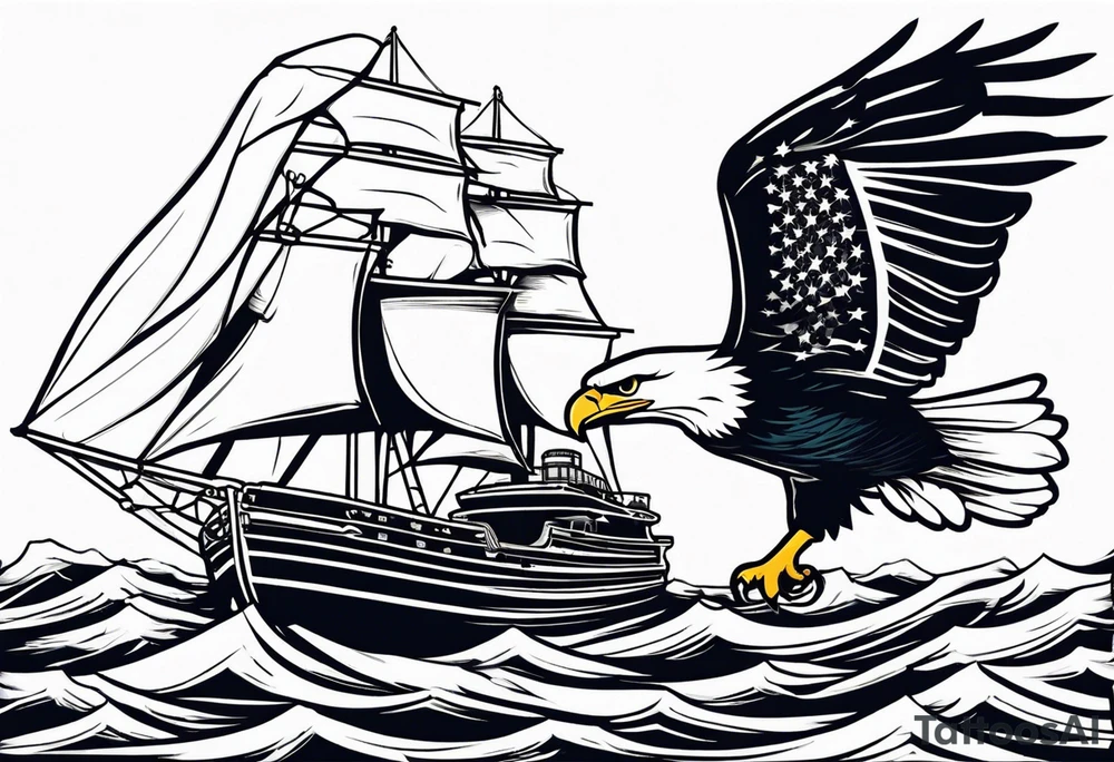 eagle flying in front of ship holding American flag in beak and holding anchor in talons tattoo idea