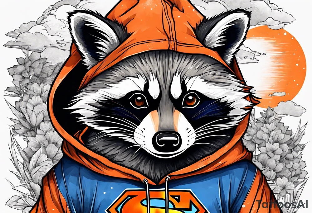 Raccoon wearing an orange Superman hoodie tattoo idea