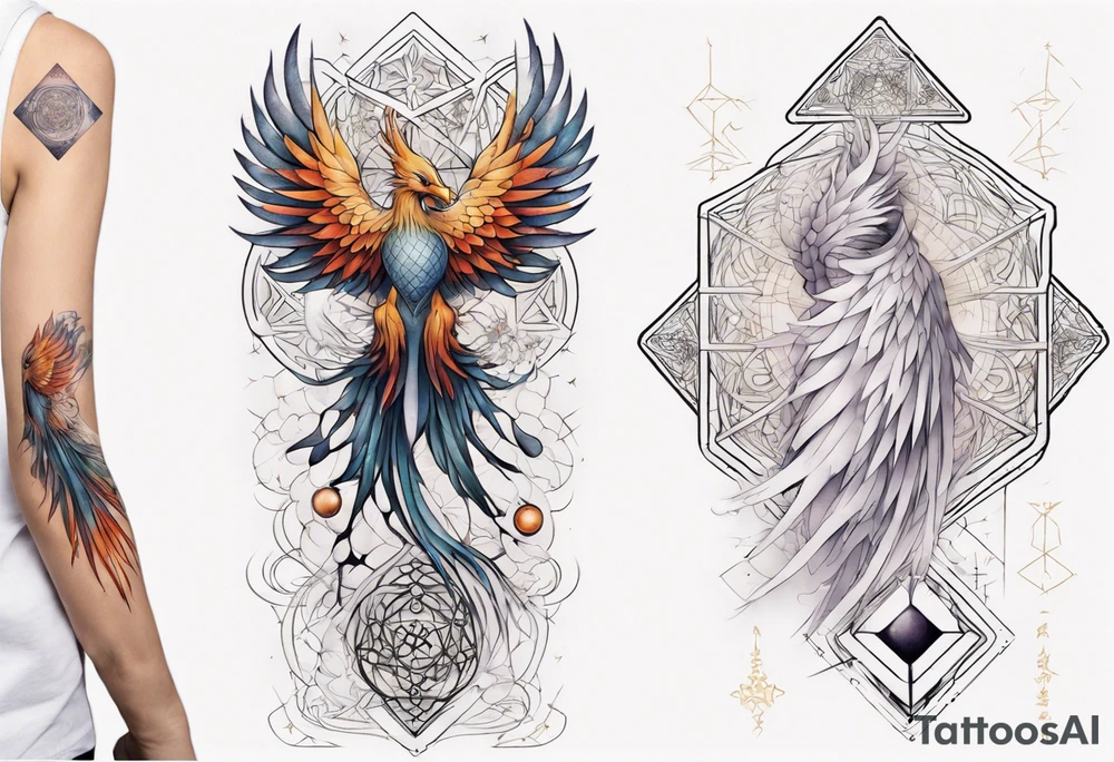 Sleeve for woman's arm phoenix sacred geometry with Metatron's cube tattoo idea