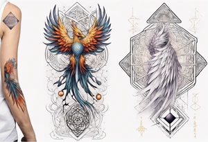 Sleeve for woman's arm phoenix sacred geometry with Metatron's cube tattoo idea