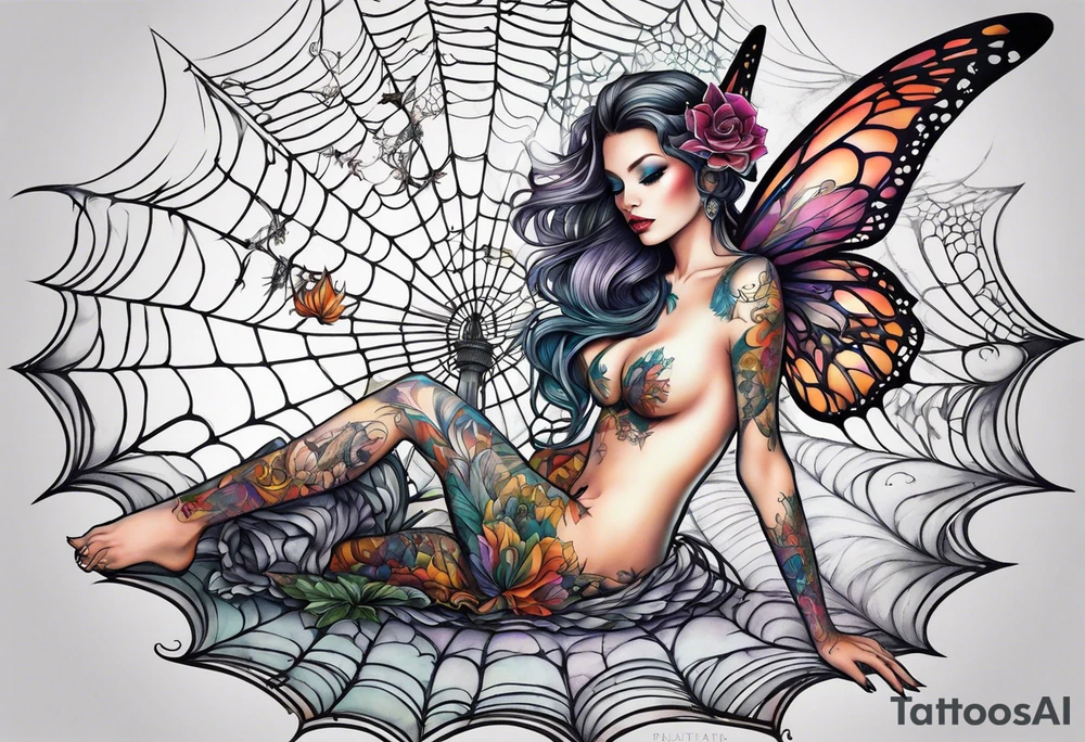 Fairy with bottom half of body wrapped up by spider web tattoo idea