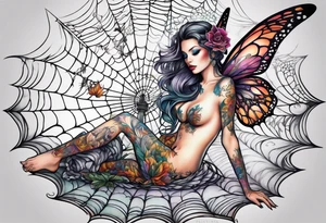 Fairy with bottom half of body wrapped up by spider web tattoo idea