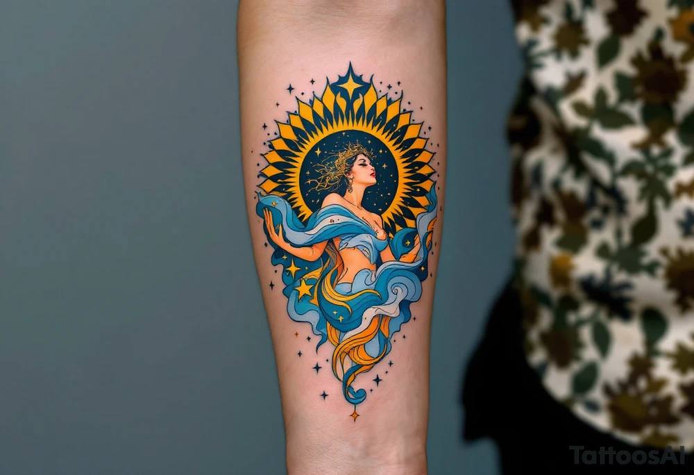 Alfons Mucha’s celestial maiden in a sky-blue dress, encircled by radiant golden sunbursts and stylized stars. tattoo idea