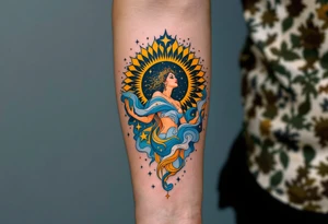 Alfons Mucha’s celestial maiden in a sky-blue dress, encircled by radiant golden sunbursts and stylized stars. tattoo idea