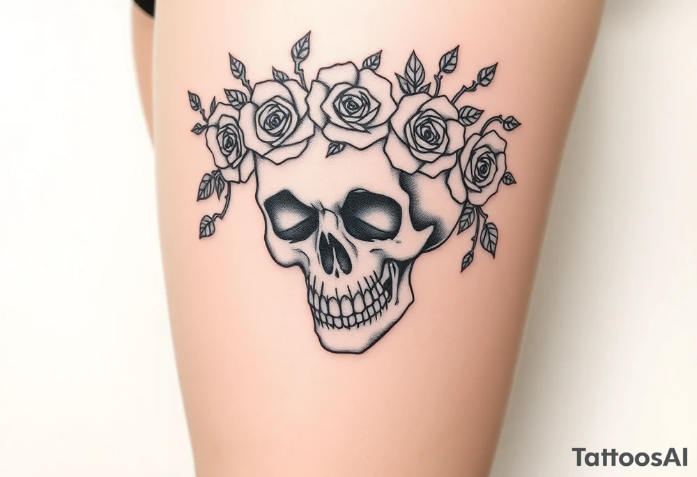 ornate skull adorned with crown of wild roses and thorns tattoo idea