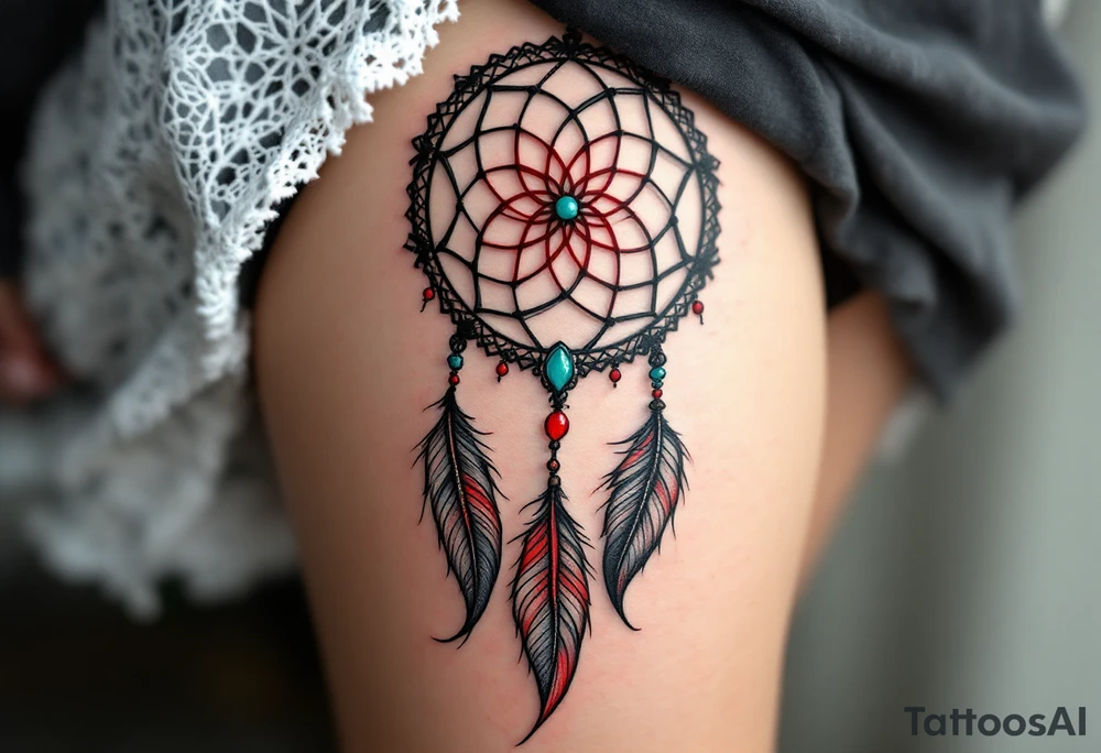 A black and red dreamcatcher with detailed feathers and a turquoise bead at the center. tattoo idea