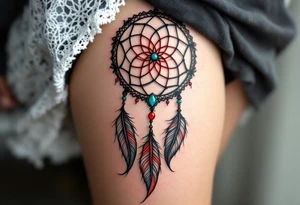 A black and red dreamcatcher with detailed feathers and a turquoise bead at the center. tattoo idea