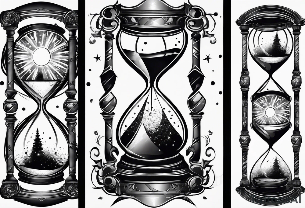 Hourglass with star stuff and cosmic dust exploding from the top and bottom of the hourglass. Long tattoo to fit on the forearm tattoo idea