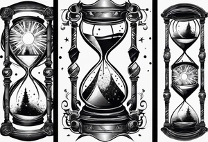 Hourglass with star stuff and cosmic dust exploding from the top and bottom of the hourglass. Long tattoo to fit on the forearm tattoo idea