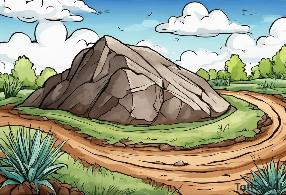 Create a tattoo of a flat topped granite rock with a base under the ground line that is pointed and deep, surrounded by freshly tilled and raked soil ready to be planted and under ground in front of the rock, a seed planted and pushing through the soil tattoo idea