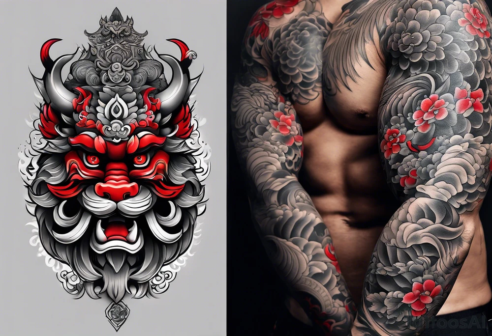 Sleeve tattoo 
Black and white, grey with red and scarlet accent. Japanese Shisa Okinawa beside Thai yak/giant with thai naga. tattoo idea