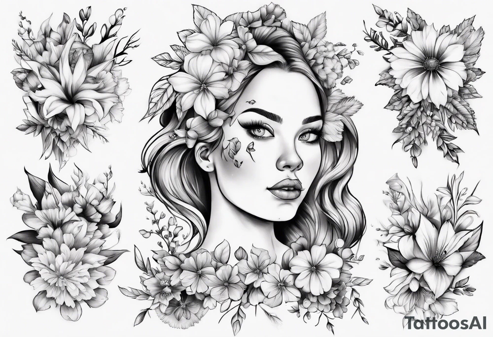 Face of an Norwegian curvy girl covered in flowers tattoo idea