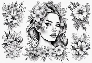 Face of an Norwegian curvy girl covered in flowers tattoo idea