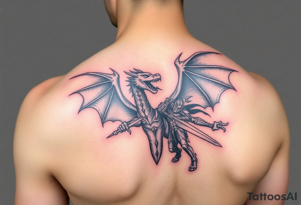 3d Powerful winged dragon fighting a knight with colors tattoo idea