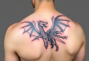 3d Powerful winged dragon fighting a knight with colors tattoo idea