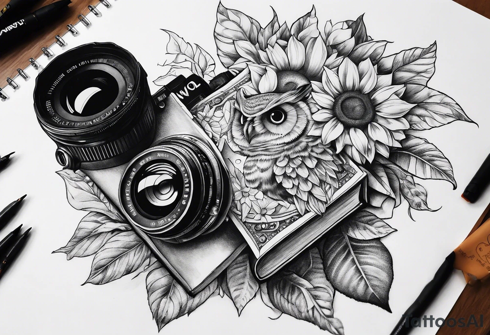 Sunflower, camera, book, owl tattoo idea