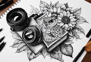 Sunflower, camera, book, owl tattoo idea