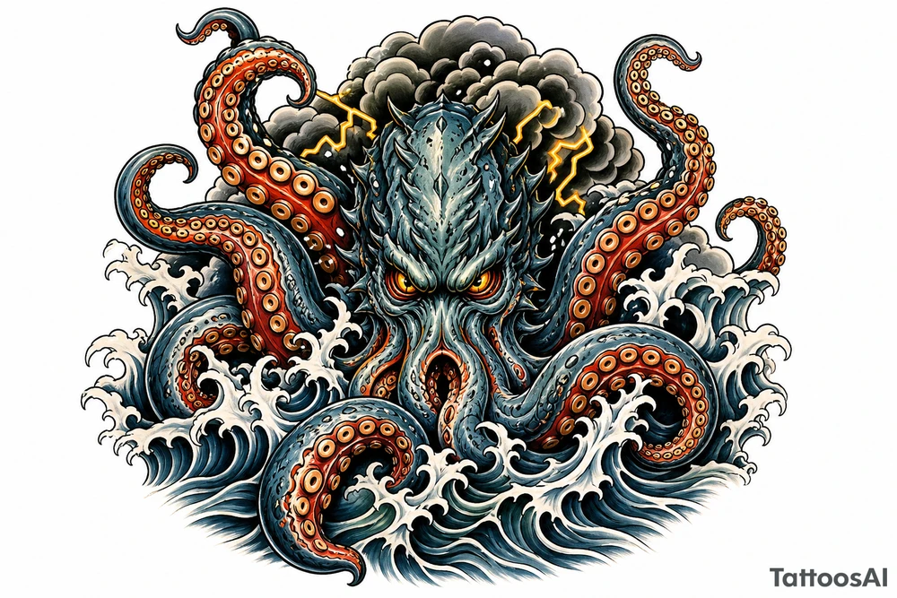 A powerful kraken-like water demon, tentacles emerging from stormy waves. tattoo idea