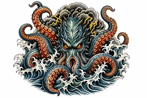 A powerful kraken-like water demon, tentacles emerging from stormy waves. tattoo idea