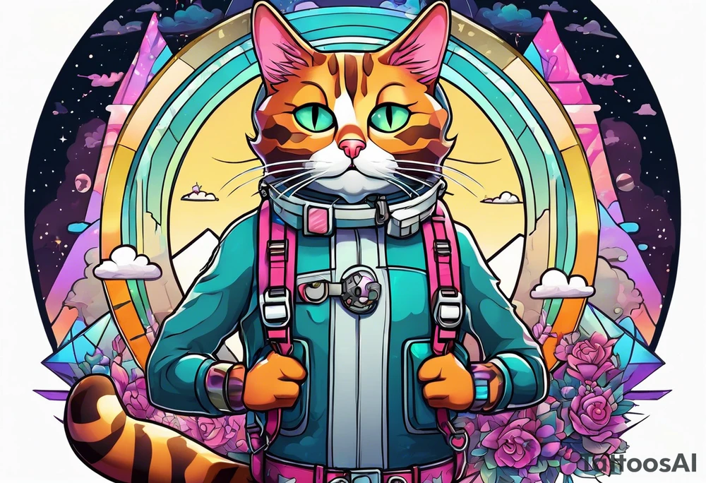 cat going skydiving in the rick and morty style tattoo idea