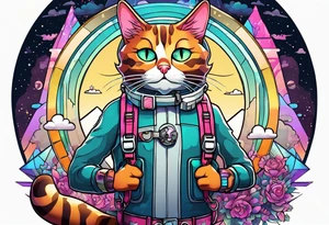 cat going skydiving in the rick and morty style tattoo idea