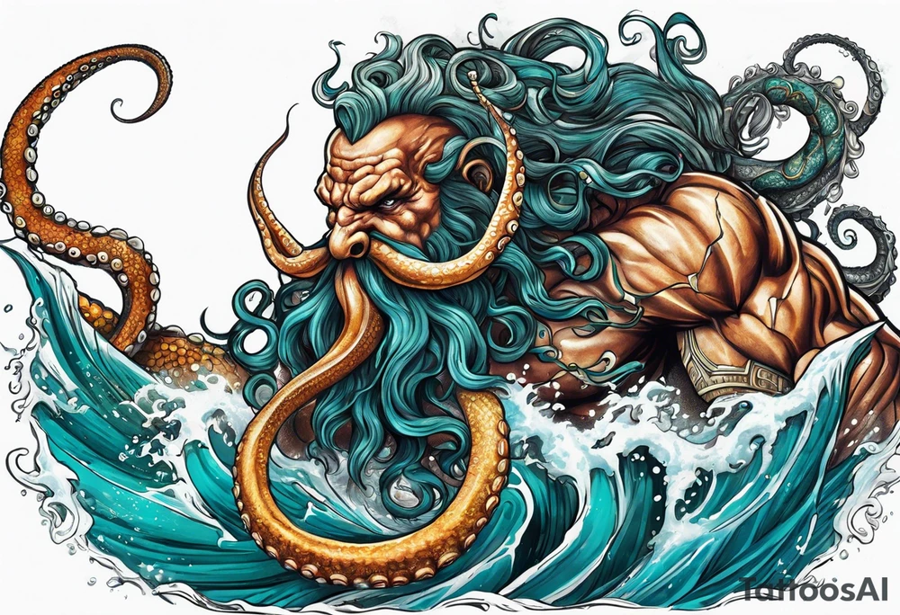 Octopus krake monster pulling Poseidon with his trident tattoo idea
