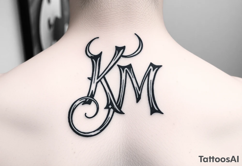 letters only fancy but rugged twisted and intertwined through one another (KM ) almost like the the roca wear symbol clothing brand trademark tattoo idea
