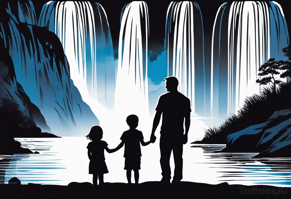 Silhouette of father standing in between daughter and younger son in front of water with reflection and waterfall with the waterfall only being blue. Everything else black and white. 6 year old daughter on one side and 2 year old son on the other side of the father tattoo idea