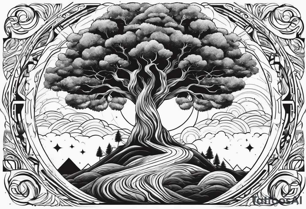 alejandro with a tree connecting the sky and earth. with number 8 in it tattoo idea
