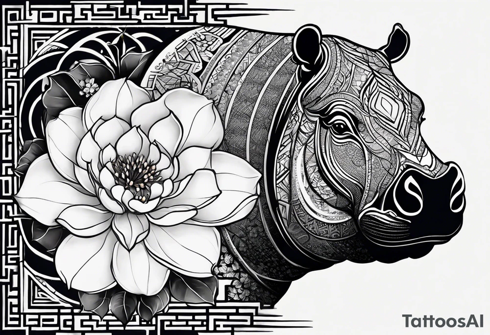Very asymmetrical, +geometric pattern, with realistic full moon, with seeious looking hippo, +zen feel, + Buddhism touch, +tribal, +geometric, +chinese inkart 
with wintersweet flower bud, +portrait orientation, +inkart touch, tattoo idea