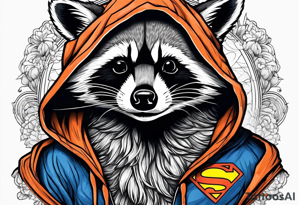Raccoon wearing an orange Superman hoodie tattoo idea