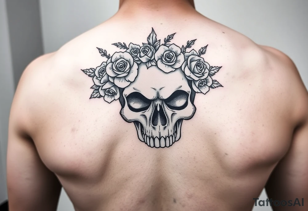 ornate skull adorned with crown of wild roses and thorns tattoo idea