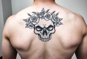 ornate skull adorned with crown of wild roses and thorns tattoo idea