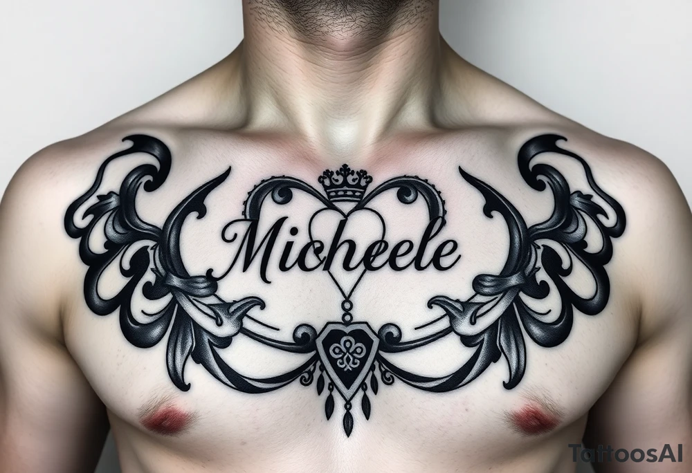 Design a tattoo for a man’s chest of a woman’s name Michelle to be placed over his heart. Make the tattoo tasteful and elegant. Inirporate the irish claddagh tattoo idea