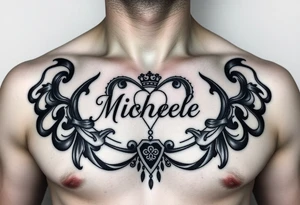 Design a tattoo for a man’s chest of a woman’s name Michelle to be placed over his heart. Make the tattoo tasteful and elegant. Inirporate the irish claddagh tattoo idea