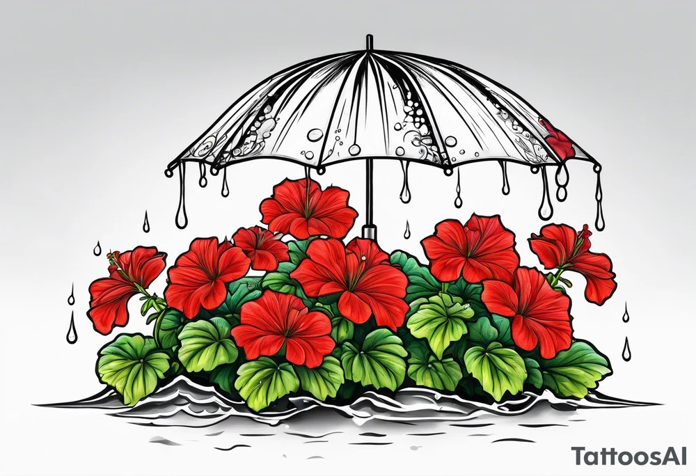 Umbrella with red geraniums with rain tattoo idea
