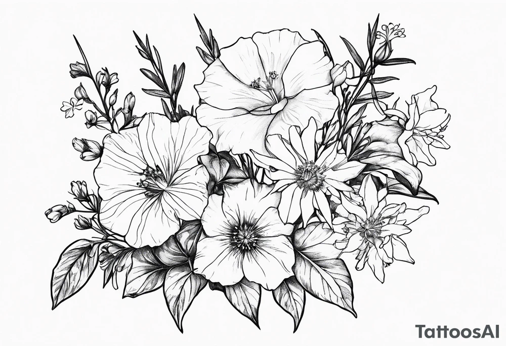 Larkspur, morning glory, delphinium and aster bouquet tattoo idea