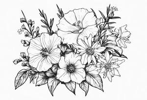 Larkspur, morning glory, delphinium and aster bouquet tattoo idea