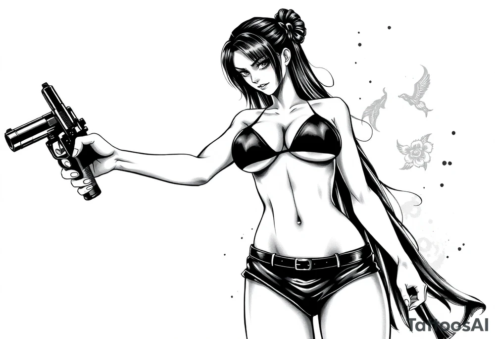 naked girl, slut, anime, holding gun, black, leather bikini, angry tattoo idea