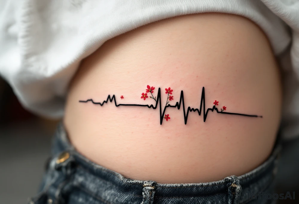 A black and gray EKG waveform with small red flowers blooming at the peaks, symbolizing growth and life. tattoo idea