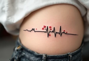 A black and gray EKG waveform with small red flowers blooming at the peaks, symbolizing growth and life. tattoo idea