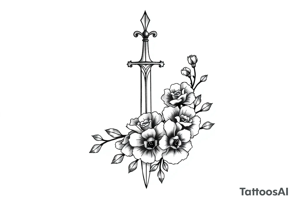 Tatuagem com traços finos inspirada nos livros da autora Sarah J Maas: trono de vidro e corte de espinhos e rosas que represente a espada de Aelin e com flores ao redor tattoo idea