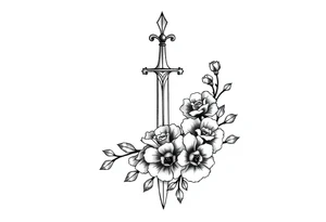 Tatuagem com traços finos inspirada nos livros da autora Sarah J Maas: trono de vidro e corte de espinhos e rosas que represente a espada de Aelin e com flores ao redor tattoo idea