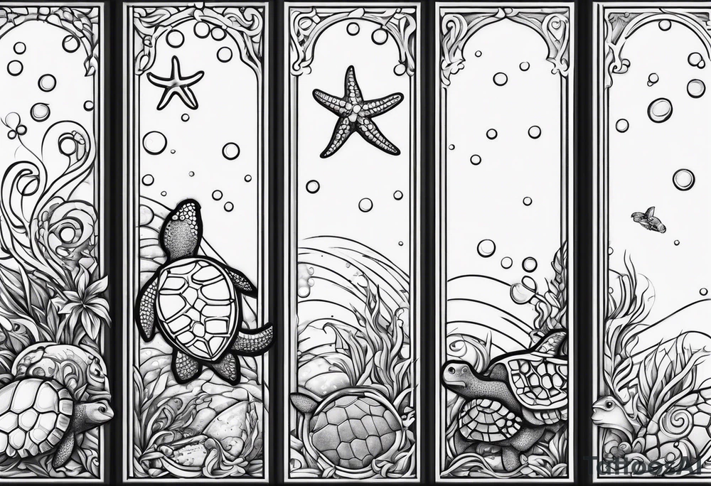 Small Starfish, Seahorse and turtle in a vertical line with bubbles tattoo idea